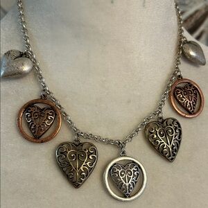 Premier Designs Dangle Hearts Necklace. Silver, Antiqued Gold & Copper Tones